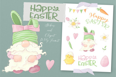 Easter bunny gnome clipart. Design elements for stickers and prints.
