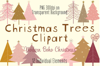 Christmas Tree Clipart, Pink &amp; Gold, Modern Boho Christmas