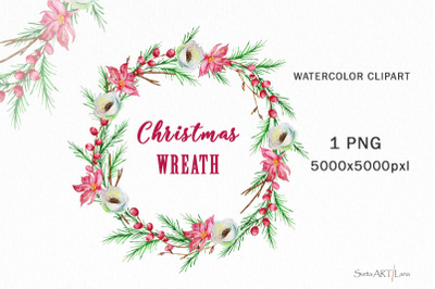 Christmas Wreath Clipart PNG, Watercolor Winter