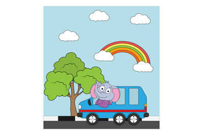 elephant animal cartoon ride a car