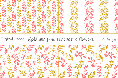 Pattern gold and pink silhouette flowers vector. Flowers SVG