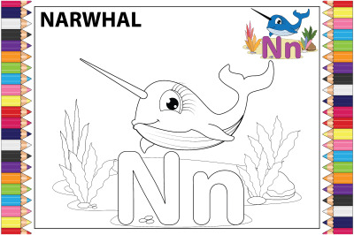 coloring narwhal animal cartoon for kids