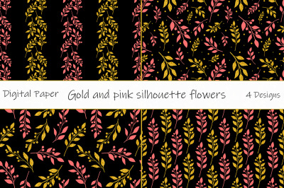 Pattern gold and pink silhouette flowers vector. Flowers SVG