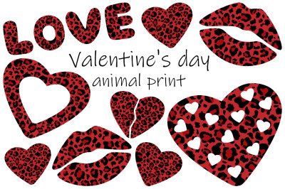 Valentine&#039;s day animal print. Leopard heart. Leopard lips