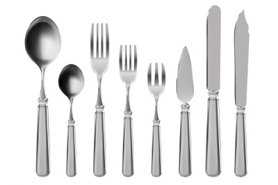 Realistic cutlery. Stainless steel tableware, knife, spoon and forks.