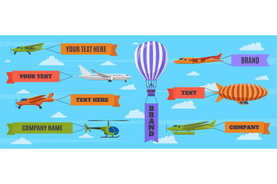 Airplane with banners. Planes&2C; biplane&2C; hot air balloon and airship wi