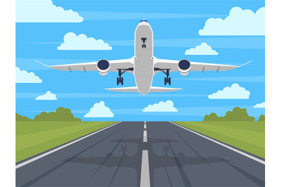 Airplane runway. Landing or taking off plane&2C; passenger airplane in bl