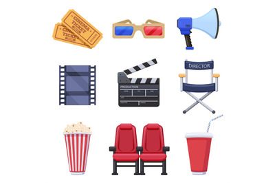 Movie theatre elements. Film production and cinema industry, tickets,