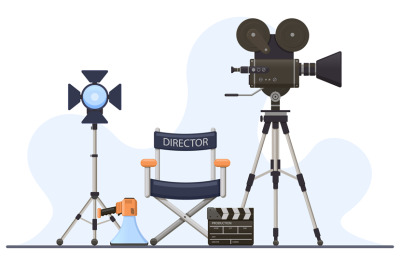 Director film sets. Movie camera, director chair, megaphone and clappe