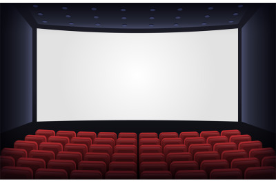 Empty cinema theatre. Film presentation scene with red chairs and whit