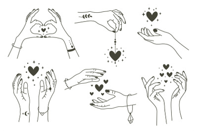 Magic hands with hearts. Boho linear style mystical hand, hand drawn a