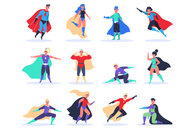 Female and male superheroes. Powerful superhero characters, brave supe