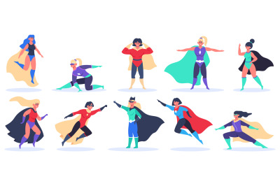 Female superheroes. Superwoman powerful characters, flying super girls