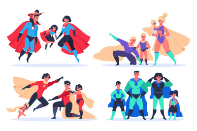 Superhero families. Wonder dad, mom and kids, superheroes characters i