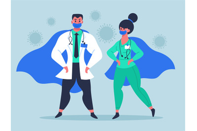 Doctor superheroes. Super doctor characters in medical masks and wavin