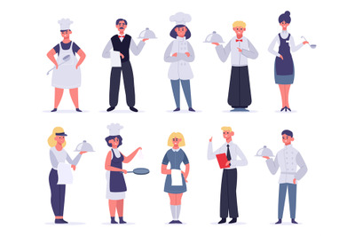 Kitchen workers. Restaurant staff characters, chef, assistants, hostes