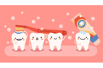 Cute tooth hygiene. Smiling, happy teeth mascots with toothbrush and t