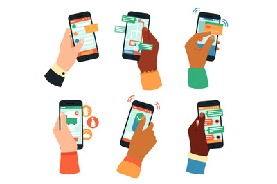 Hands holding smartphones. Social networking, mobile app, or communica