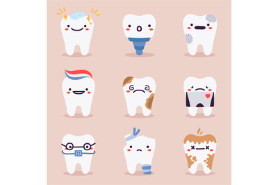 Cute teeth mascots. Dental teeth characters with dentistry problems, t