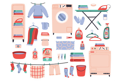 Home laundry. Clean laundry clothes, washing machine, household chemis