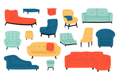 Armchairs and couches. Modern comfortable soft furniture, couch, sofa,