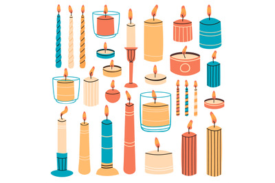 Burning candles. Wax aromatic candles in candlesticks, holders and gla