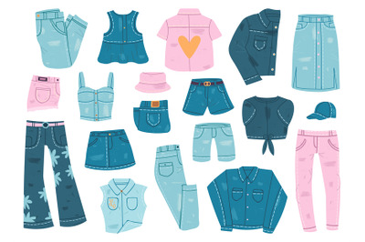 Denim clothes. Blue jean garments, denim shirt, jacket, shorts and jea