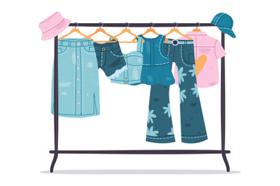 Denim clothing. Jeans garments hanging on hanger, trendy casual cotton