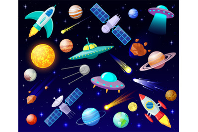 Cartoon open space. Planets, cosmic celestial bodies, rockets, spacesh