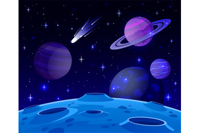 Cartoon space landscape. Cosmic planet surface, futuristic celestial b