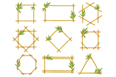 Bamboo cartoon frames. Steam frame, bamboo stalks with leaves, asian b