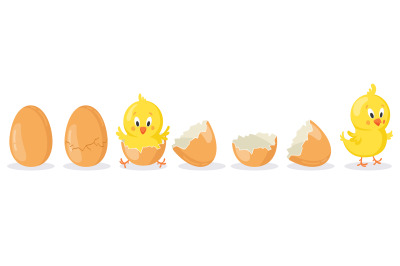 Cartoon hatched easter egg. Cracked chicken eggs with cute chicken mas