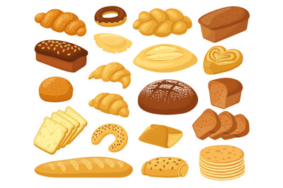 Cartoon bread. Bakery products, roll baguette, bread loaf and toast, s