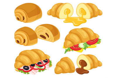 Cartoon croissant. Baked croissant with chocolate, caramel, cheese and