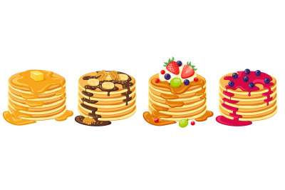 Cartoon pancakes. Stacks of tasty pancakes with maple syrup, butter, c