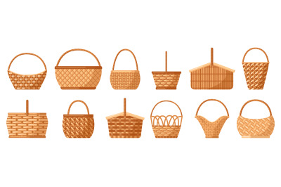 Wicker baskets. Picnic willow baskets, empty straw hampers, decorative