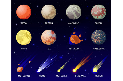 Cartoon planets. Solar system planets, galaxy cosmic space celestial b