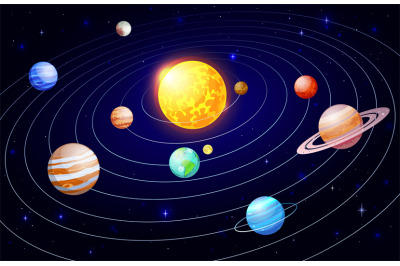 Cartoon solar system. Orbit astronomy space scheme, galaxy celestial b