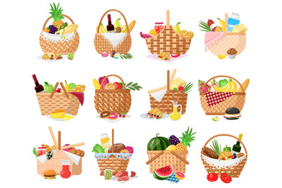 Picnic baskets. Wicker willow picnic baskets with bread, fruits, veget