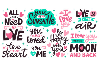 Love lettering quotes. Romantic valentines day messages, handwritten l