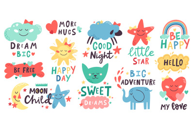 Cute kids lettering. Nursery hand drawn quotes with moon&2C; clouds&2C; star