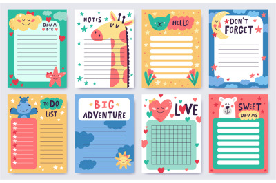 Childish planners. Cute nursery notebook sheets pack. Goal achievement