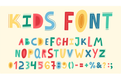 Childish cute alphabet. Hand drawn baby funky ABC, doodle letters, num