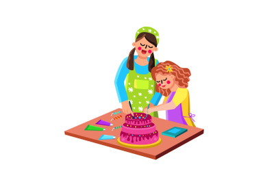 Mother And Daughter Cooking Cake Together Vector