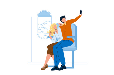 Couple Make Flight Selfie On Phone Camera Vector