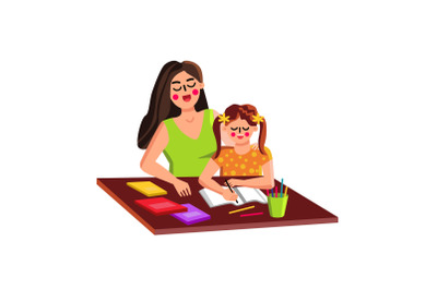 Mother Helping Daughter Kid With Homework Vector