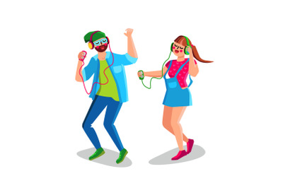 Boy And Girl Listening Music And Dancing Vector