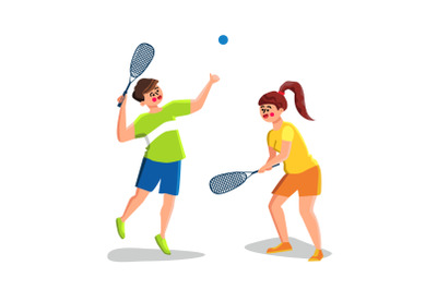 Squash Game Playing Young Man And Woman Vector