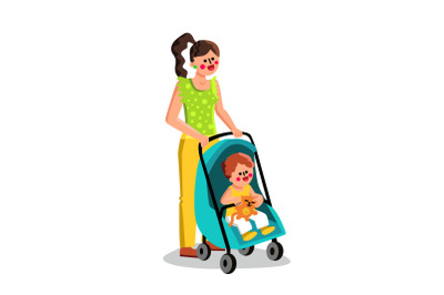 Woman Carrying Small Child In Stroller Baby Vector