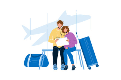 Couple Waiting Flight In Airport Terminal Vector